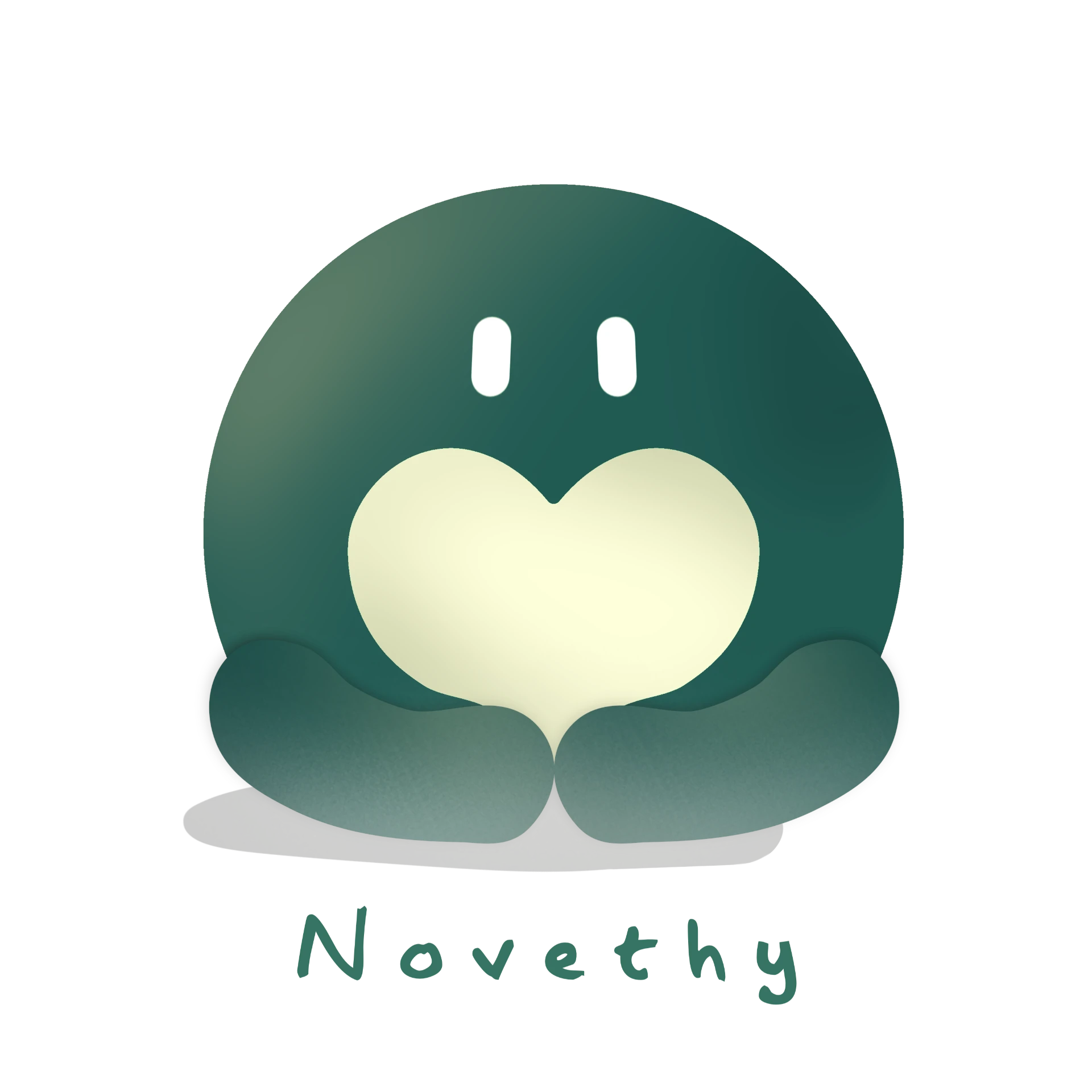 The Novethy character, a soft green figure holding a glowing cream heart